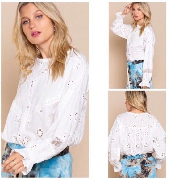 EYELET white Long Sleeve boho Blouse - Picture 2 of 16